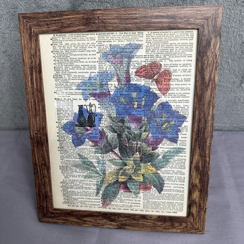 Framed Vintage Dictionary Page Art 8x10 Antique Book Page Floral Wall Decor
